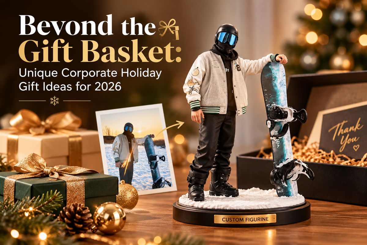 Personalized corporate holiday gifts featuring custom full-color 3D figurines for employee appreciation, executives and business clients.